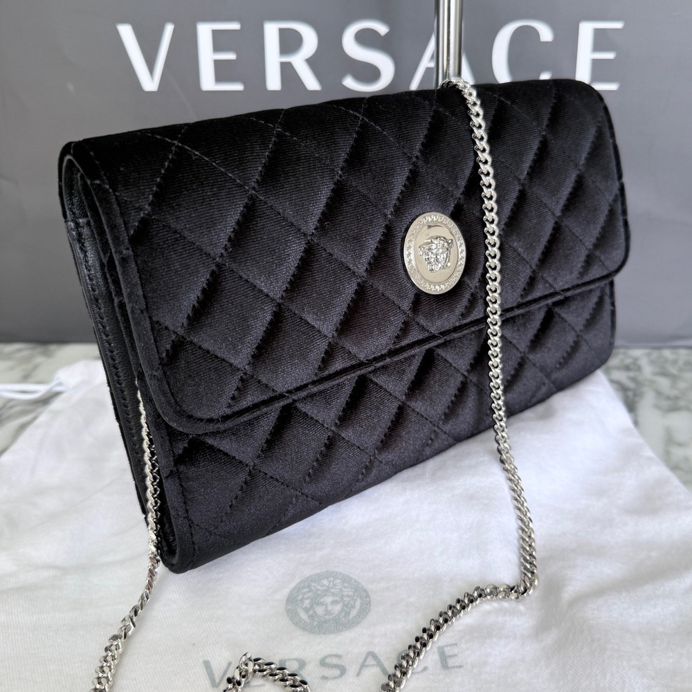 Versace Black Quilted Velvet Medusa Evening Clutch Bag DBSI159S Silver Chain